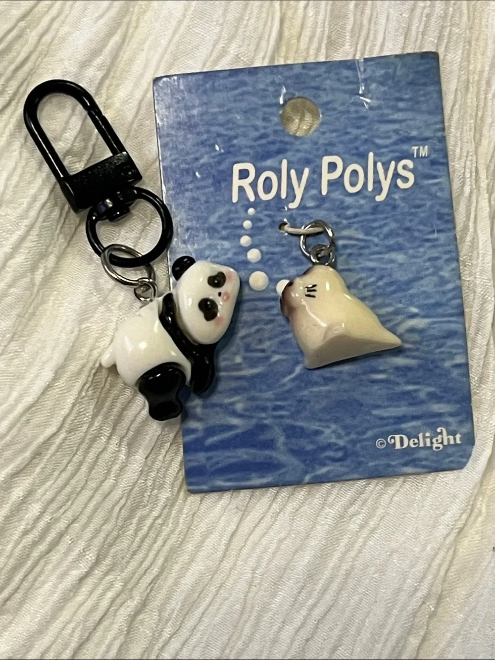 Vintage Black & White Panda Key & Card Holder Charm with Beige Bell